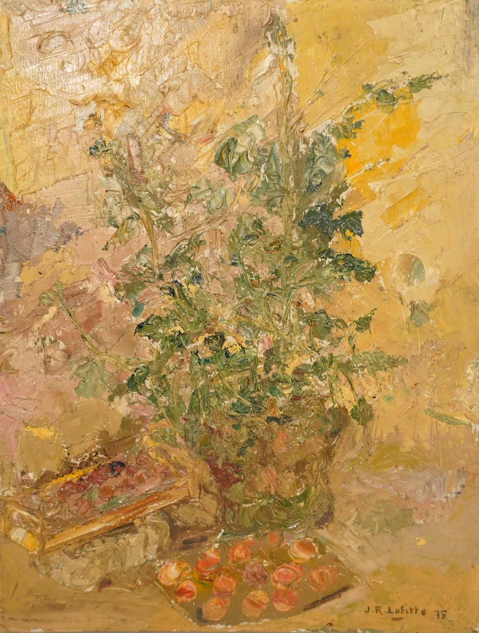 Jean-Roger Lafitte (French, 1922-2005), impasto oil on board, Still life of flowers in a vase, signed and dated '75, 36 x 27cm, unframed. Condition - fair
